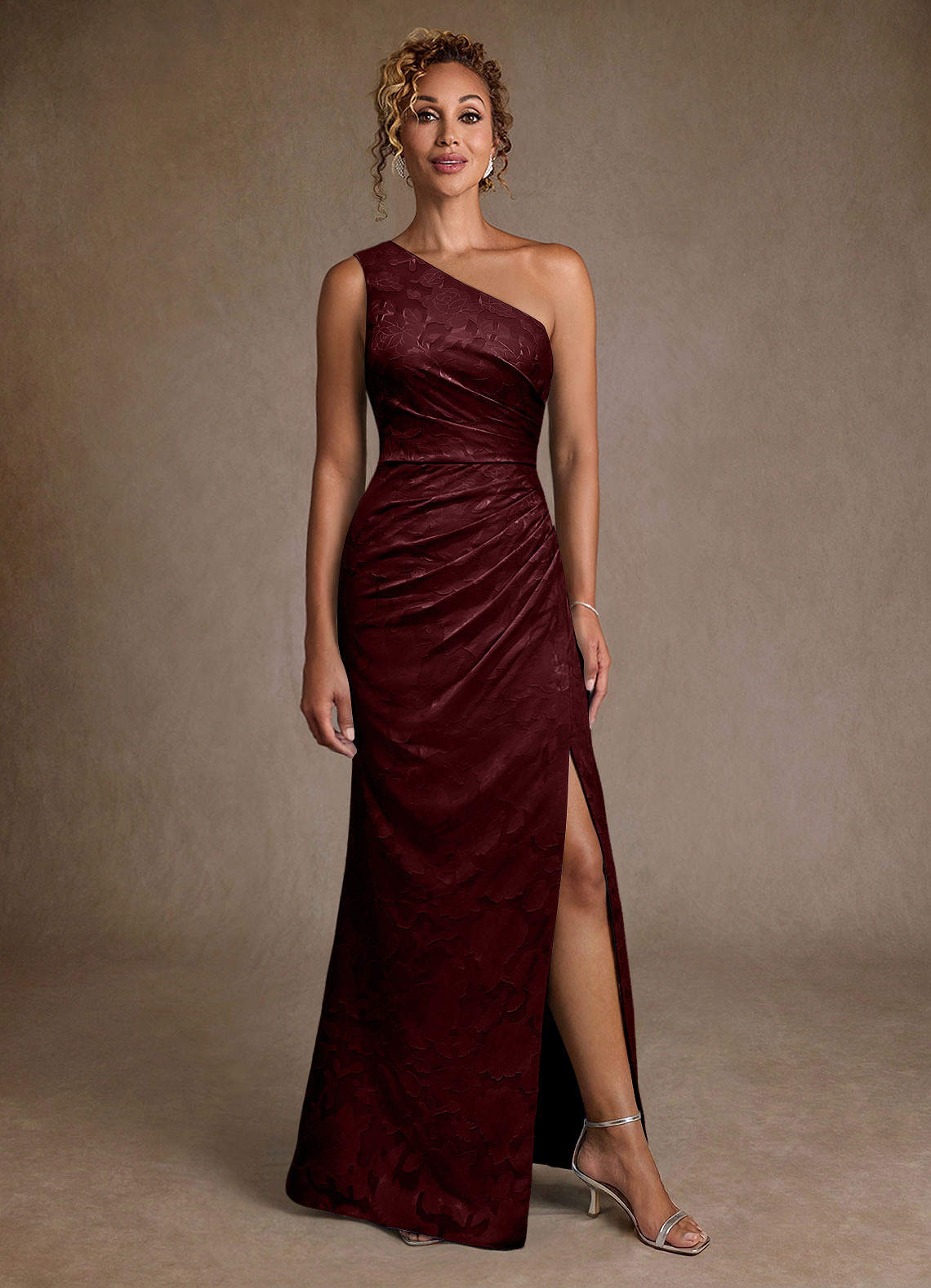 Joylin Trumpet One-Shoulder Floral Burnout Mother of the Bride Dress in Cabernet