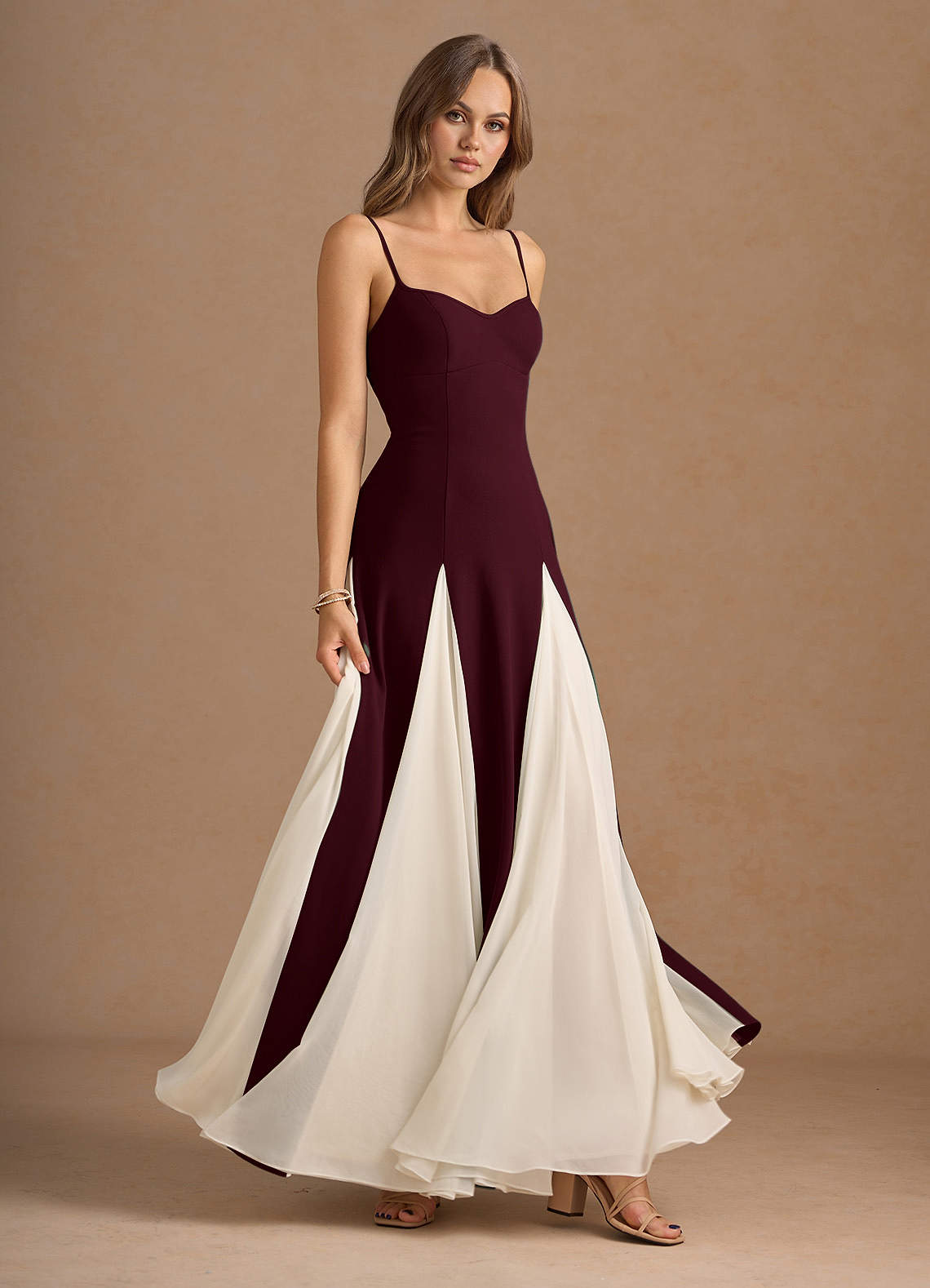 Jessenia A-Line Color-Block Crepe Chiffon Wedding Guest Dress in Wine