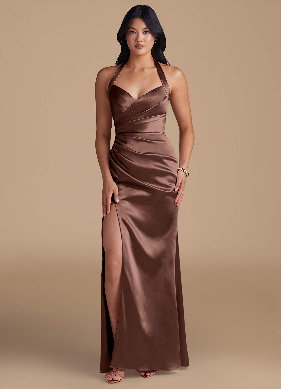 Emeria Sheath Halter Metallic Satin Bridesmaid Dress in Espresso