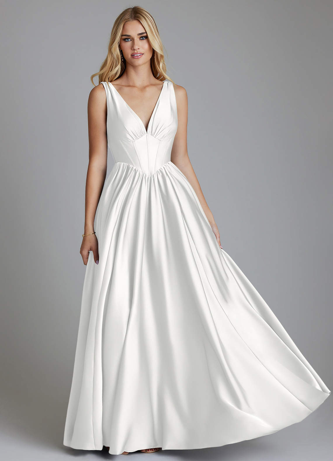 Delmie A-Line V-Neck Stretch Satin Bridesmaid Dress in white