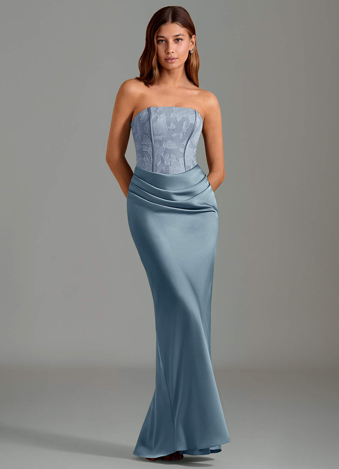 Emilia Mermaid Strapless Stretch Satin and Floral Burnout Bridesmaid Dress in dusty blue