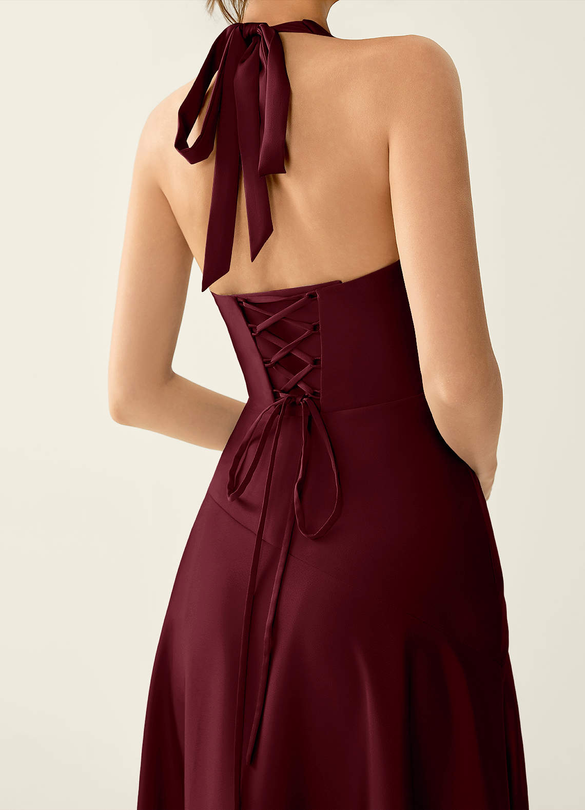 Titania Halter Asymmetric-Ruffle Satin Evening Dress in Wine