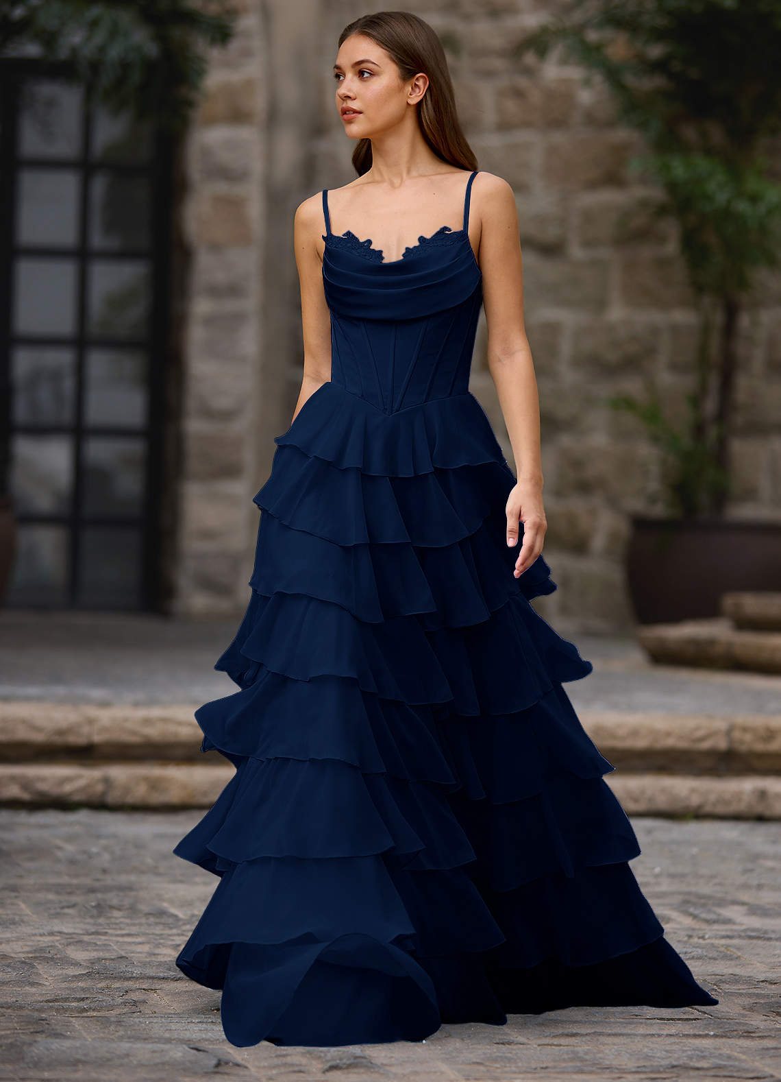 Floralace A-Line Ruffle Chiffon Evening Dress in Navy