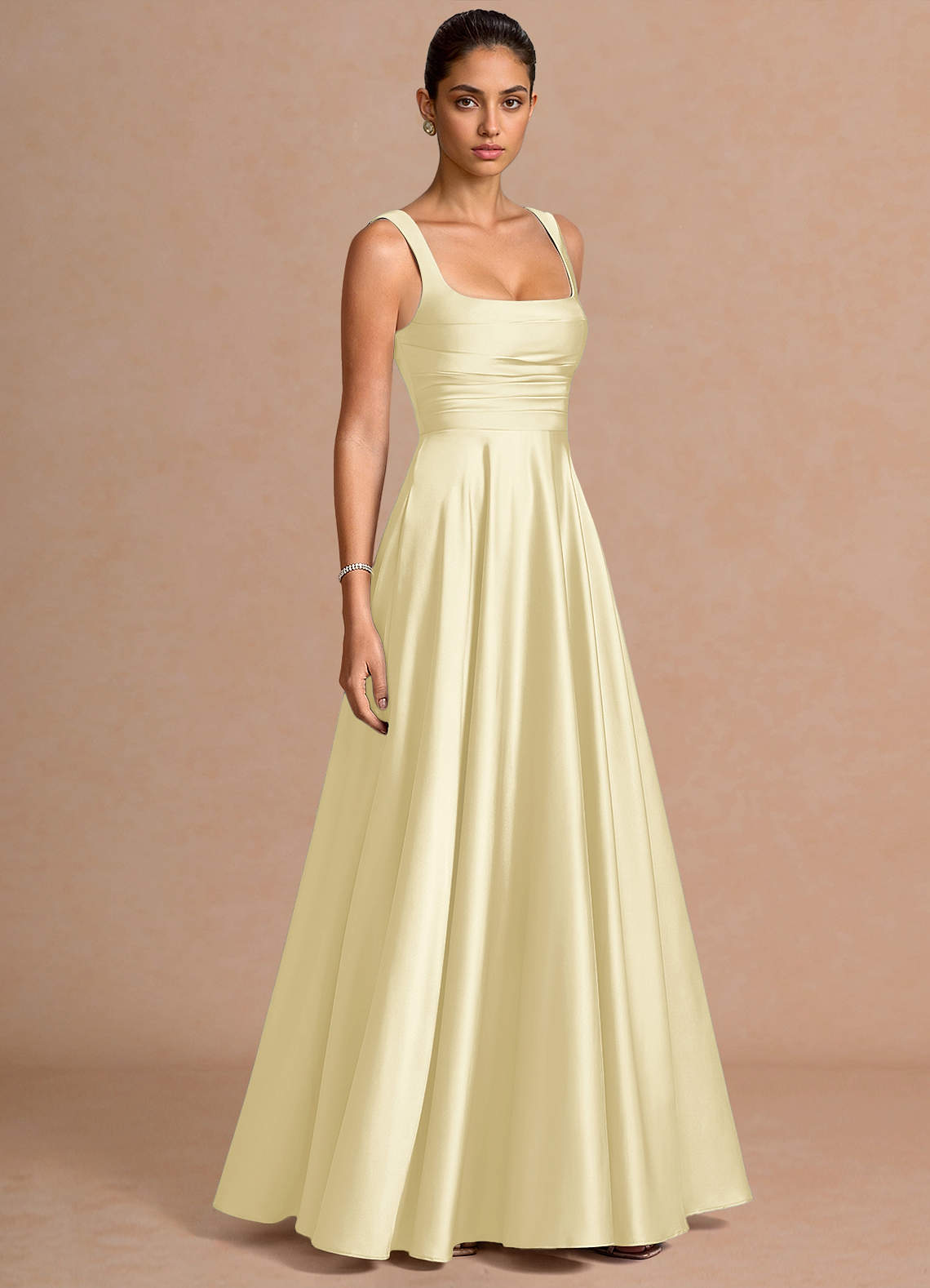 Azaria A-Line Square-Neck Stretch Satin Wedding Guest Dress in Butter Yellow