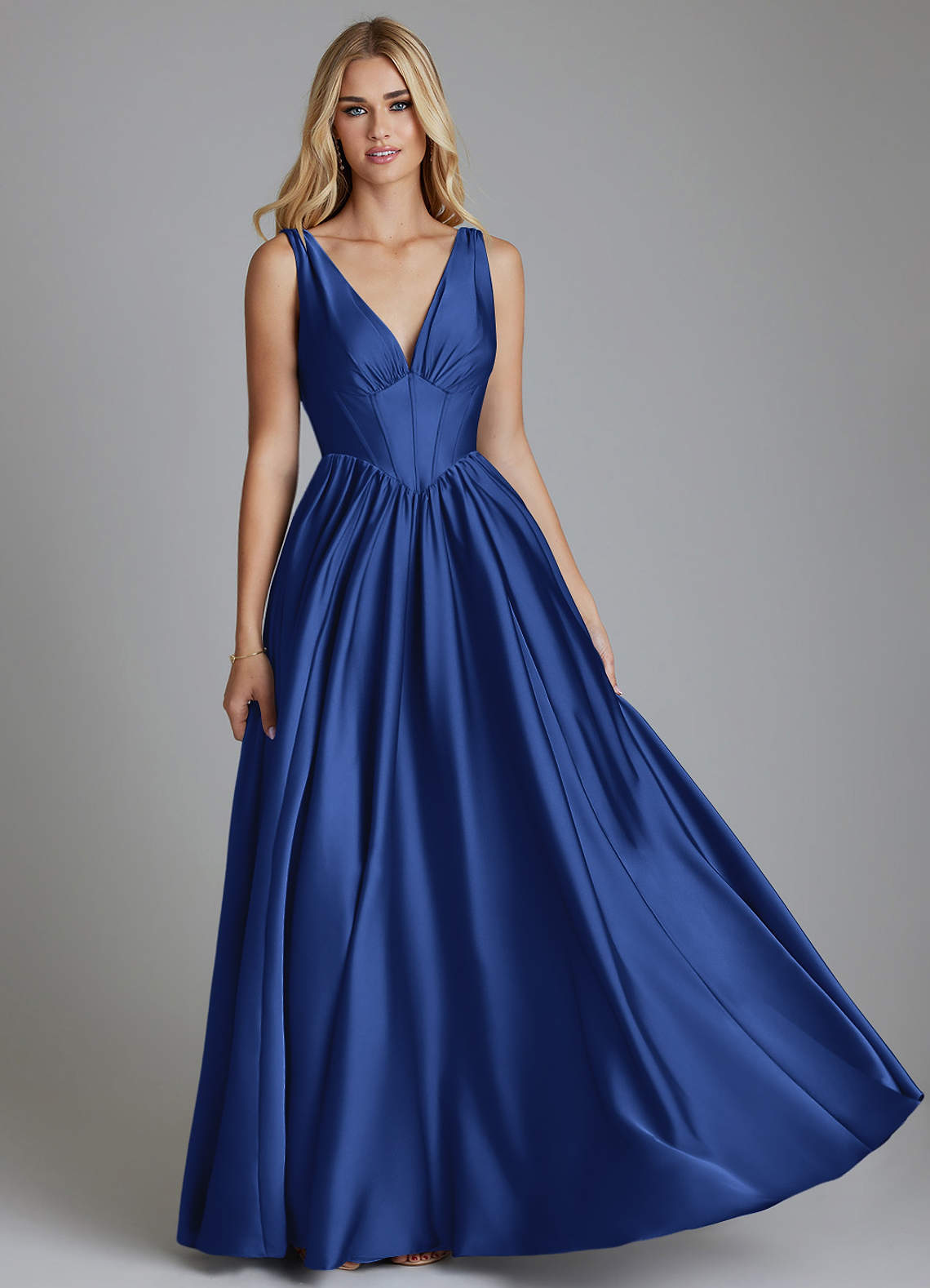 Delmie A-Line V-Neck Stretch Satin Bridesmaid Dress in Royal Blue