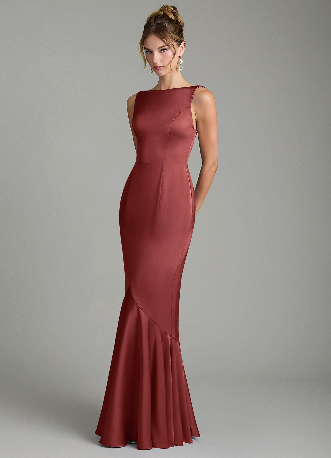 Tamera Mermaid Boat-Neck Stretch Satin and Chiffon Bridesmaid Dress in Terracotta