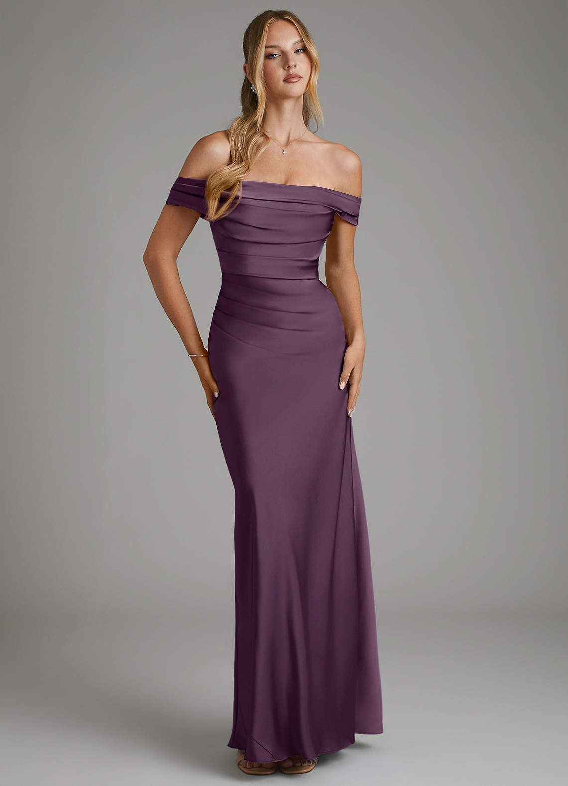 Hayden Mermaid Off-the-Shoulder Stretch Satin Bridesmaid Dress in Plum