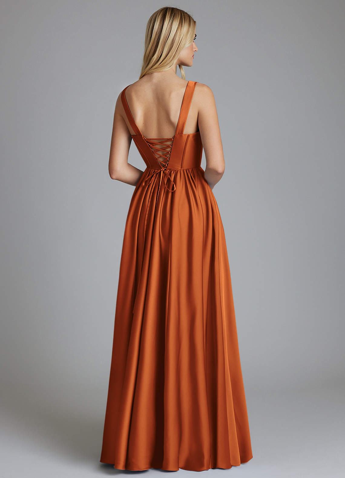 Delmie A-Line V-Neck Stretch Satin Bridesmaid Dress in Cinnamon