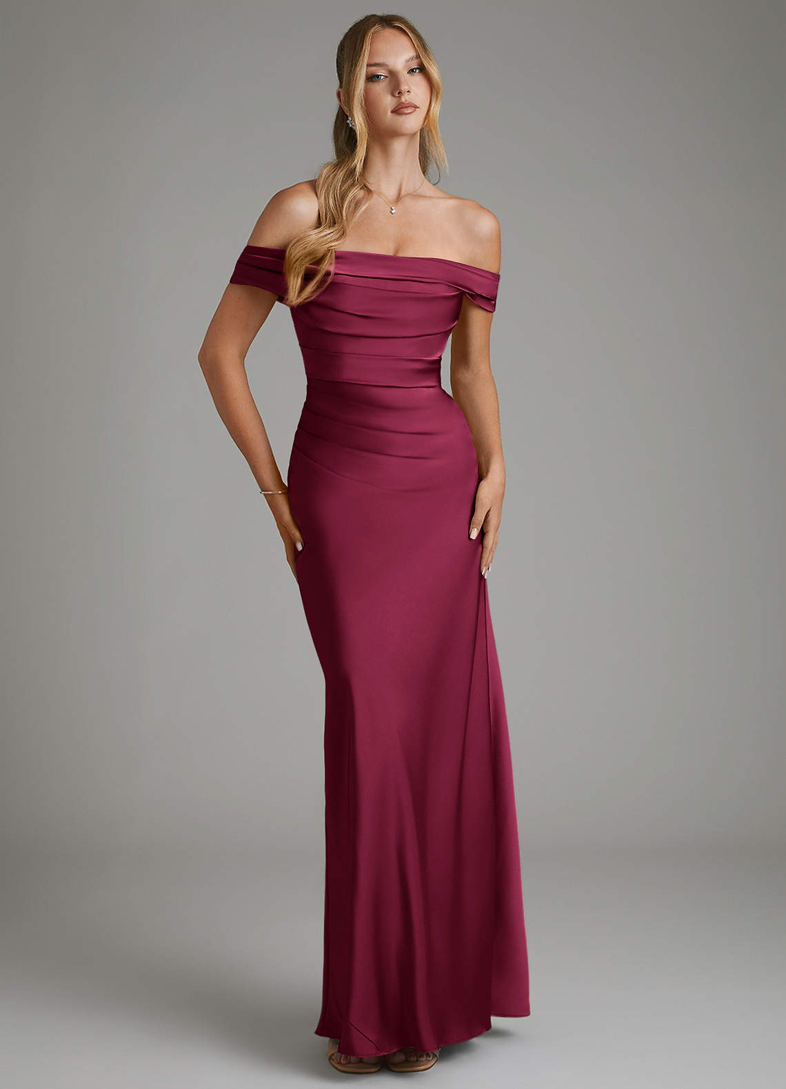 Hayden Mermaid Off-the-Shoulder Stretch Satin Bridesmaid Dress in Burgundy