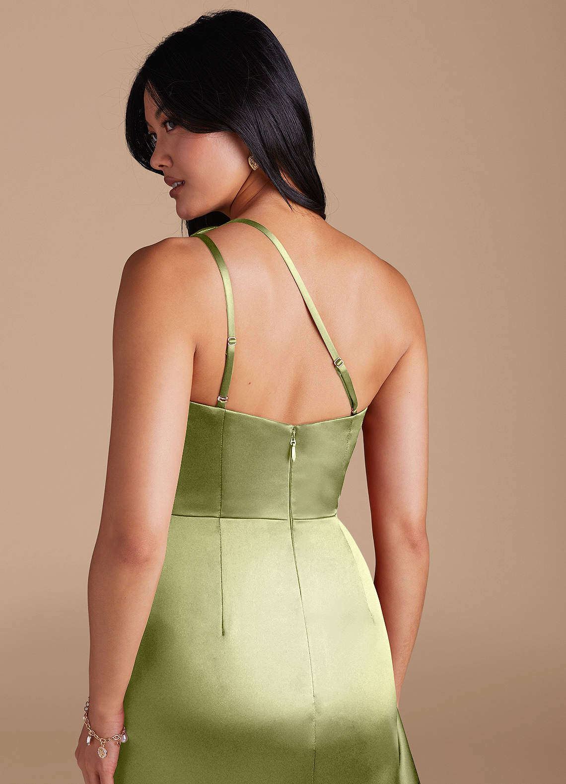 Latrice Sheath One-Shoulder Metallic Satin Bridesmaid Dress in Pistachio