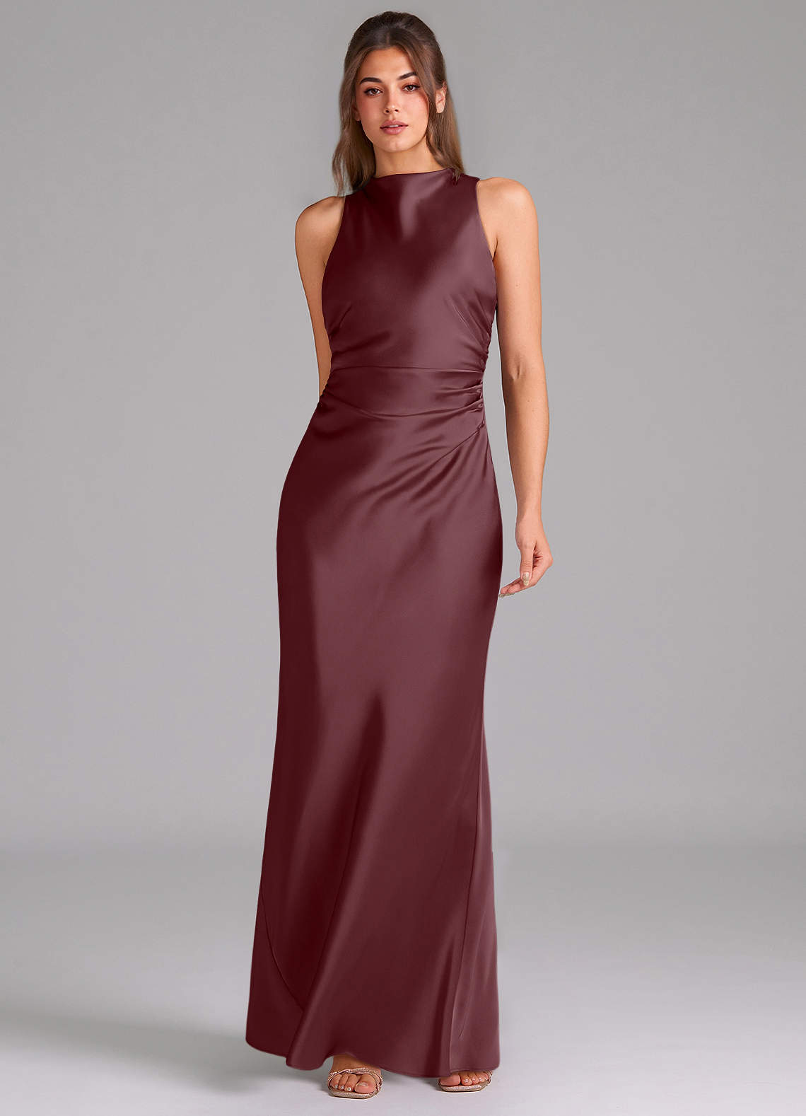 Evadne Sheath Scoop-Neck Stretch Satin Bridesmaid Dress in Sangria