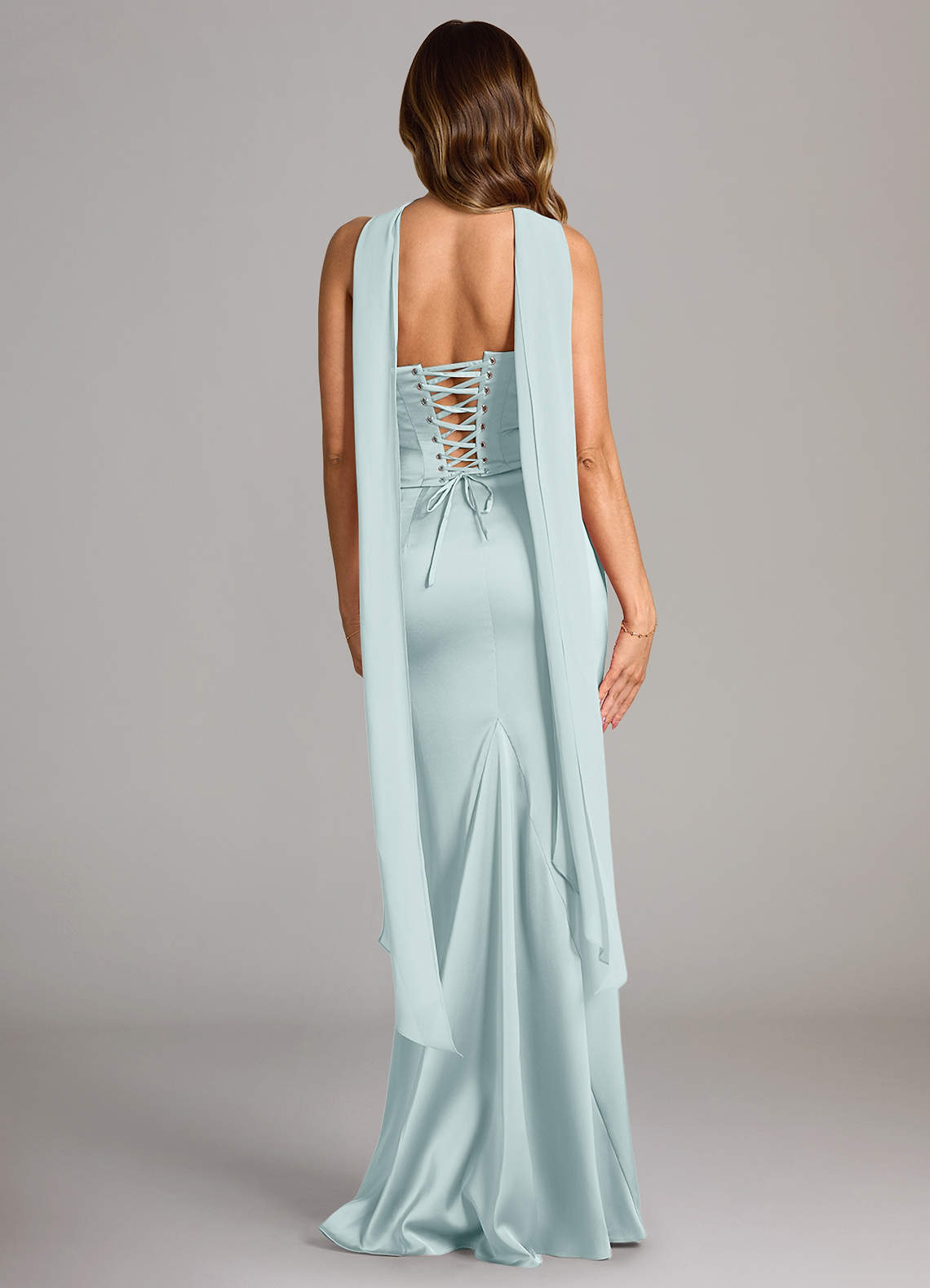 Sorrel Mermaid Cowl-Neck Stretch Satin and Chiffon Bridesmaid Dress in Mist