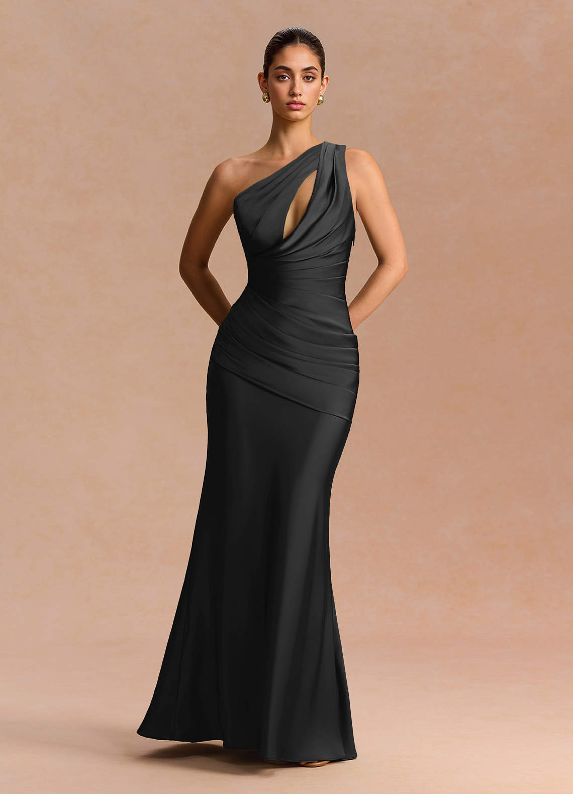 Guinevere One-Shoulder Cutout Stretch Satin Evening Dress in Dusty Blue