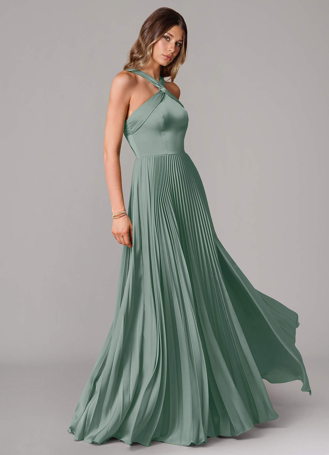 Afra A-Line Halter-Neck Stretch Satin Bridesmaid Dress in Silver Sage