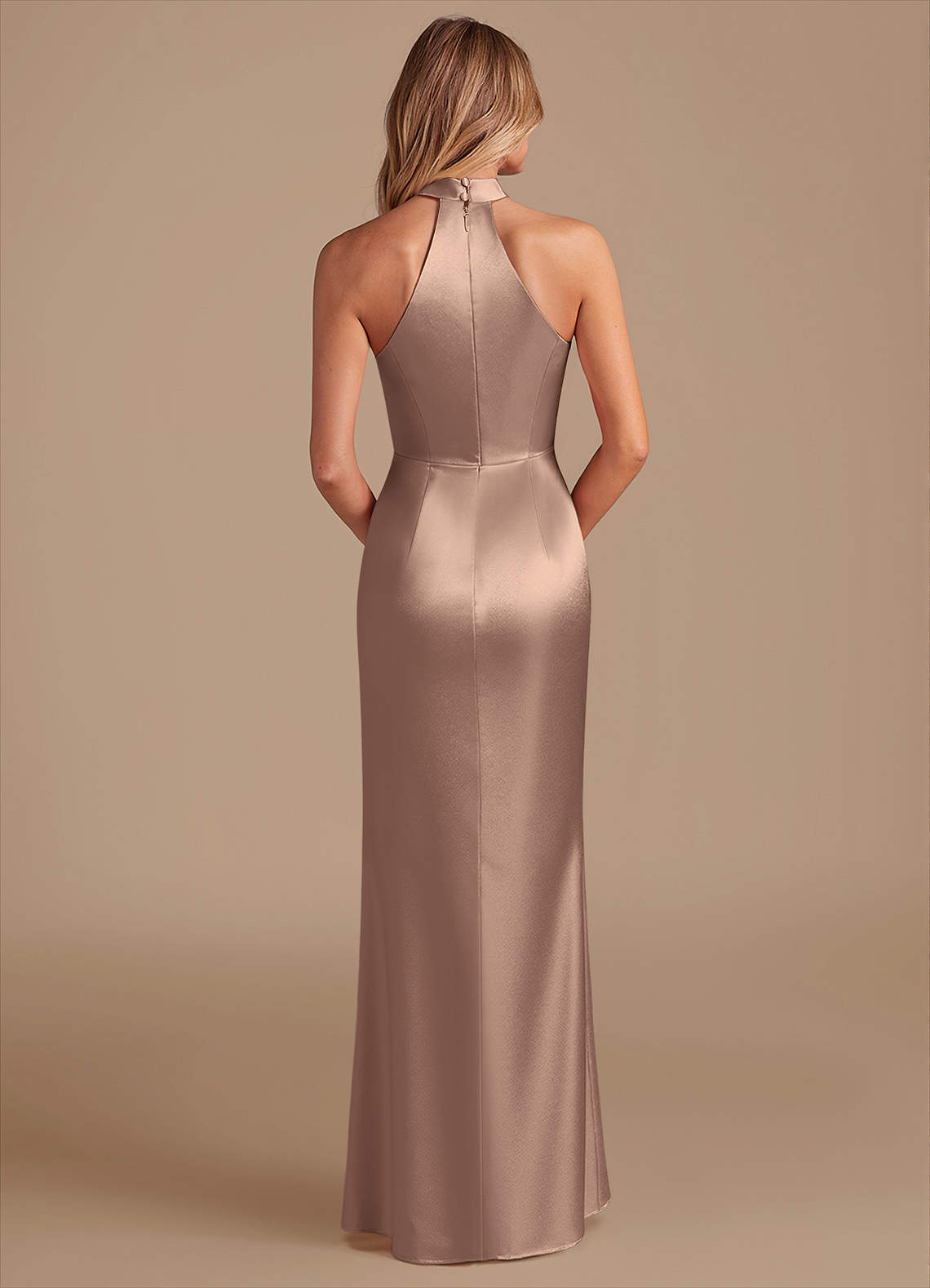 Karlotta Sheath Halter-Neck Metallic Satin Bridesmaid Dress in Taupe