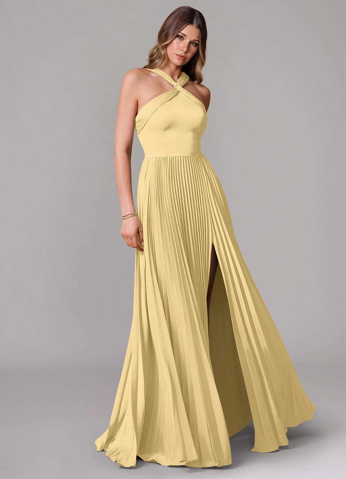 Afra A-Line Halter-Neck Stretch Satin Bridesmaid Dress in Butter