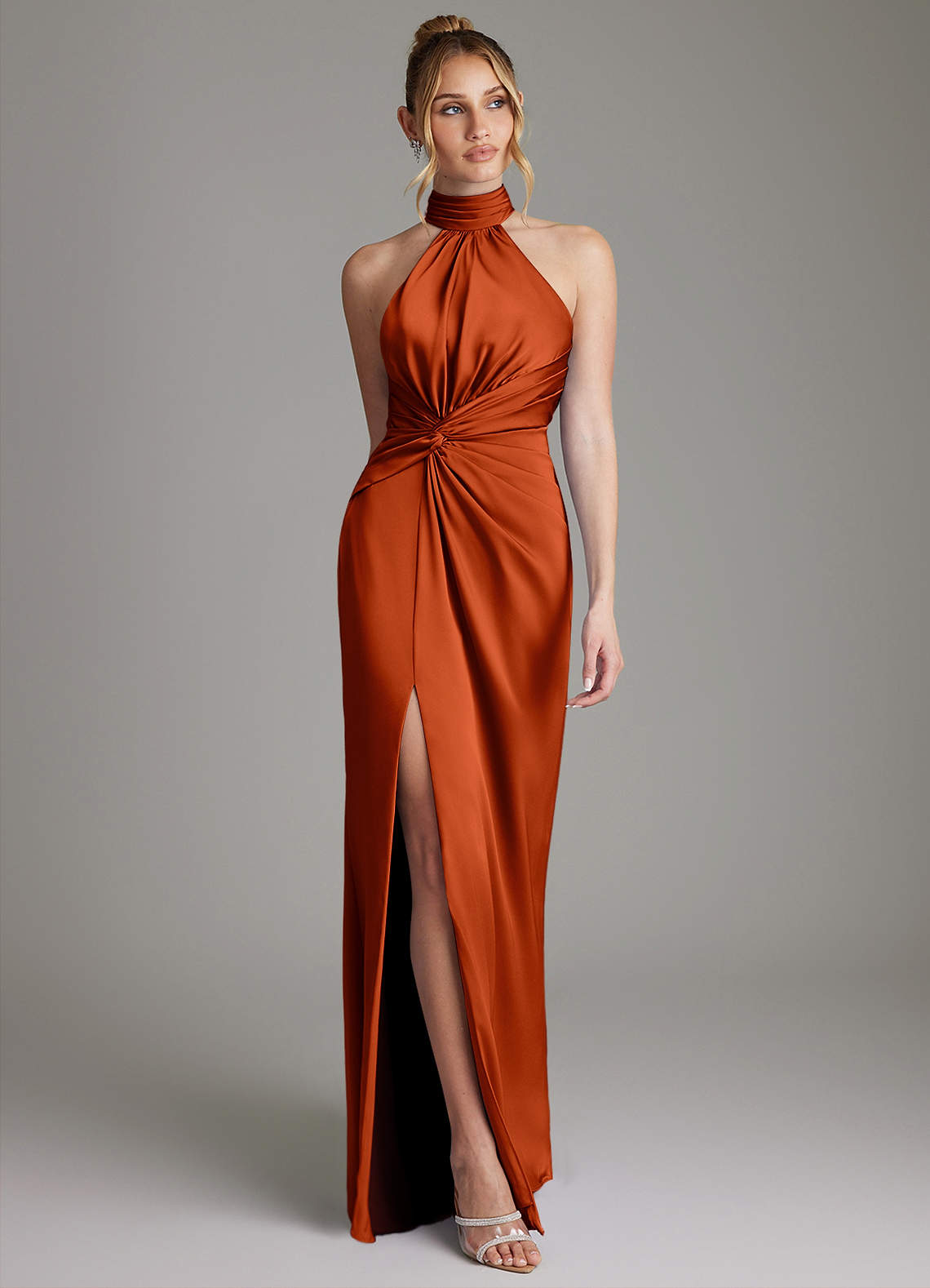 Gracelynn Sheath Halter Stretch Satin Bridesmaid Dress in Paprika