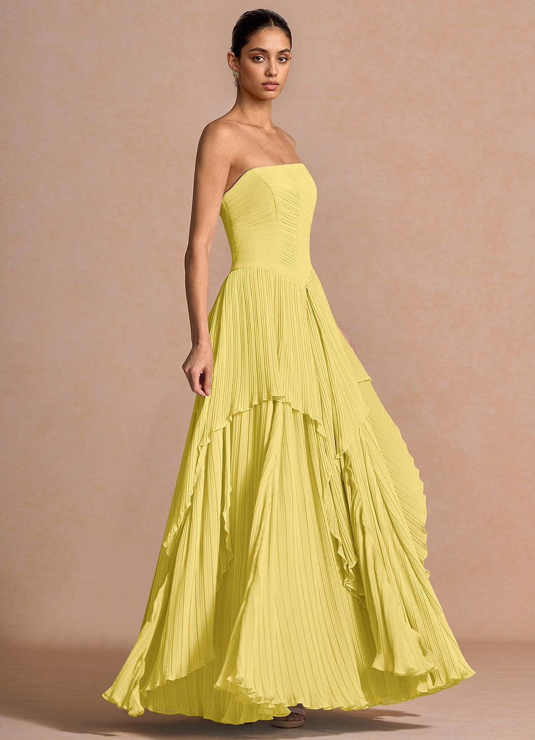 Kerensa A-Line Ruffled Chiffon Evening Dress in Pastel Yellow