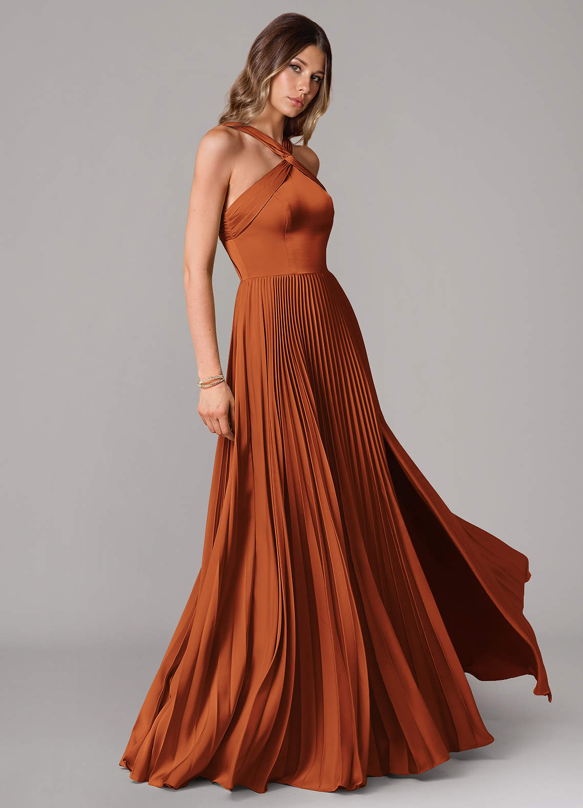 Afra A-Line Halter-Neck Stretch Satin Bridesmaid Dress in Cinnamon