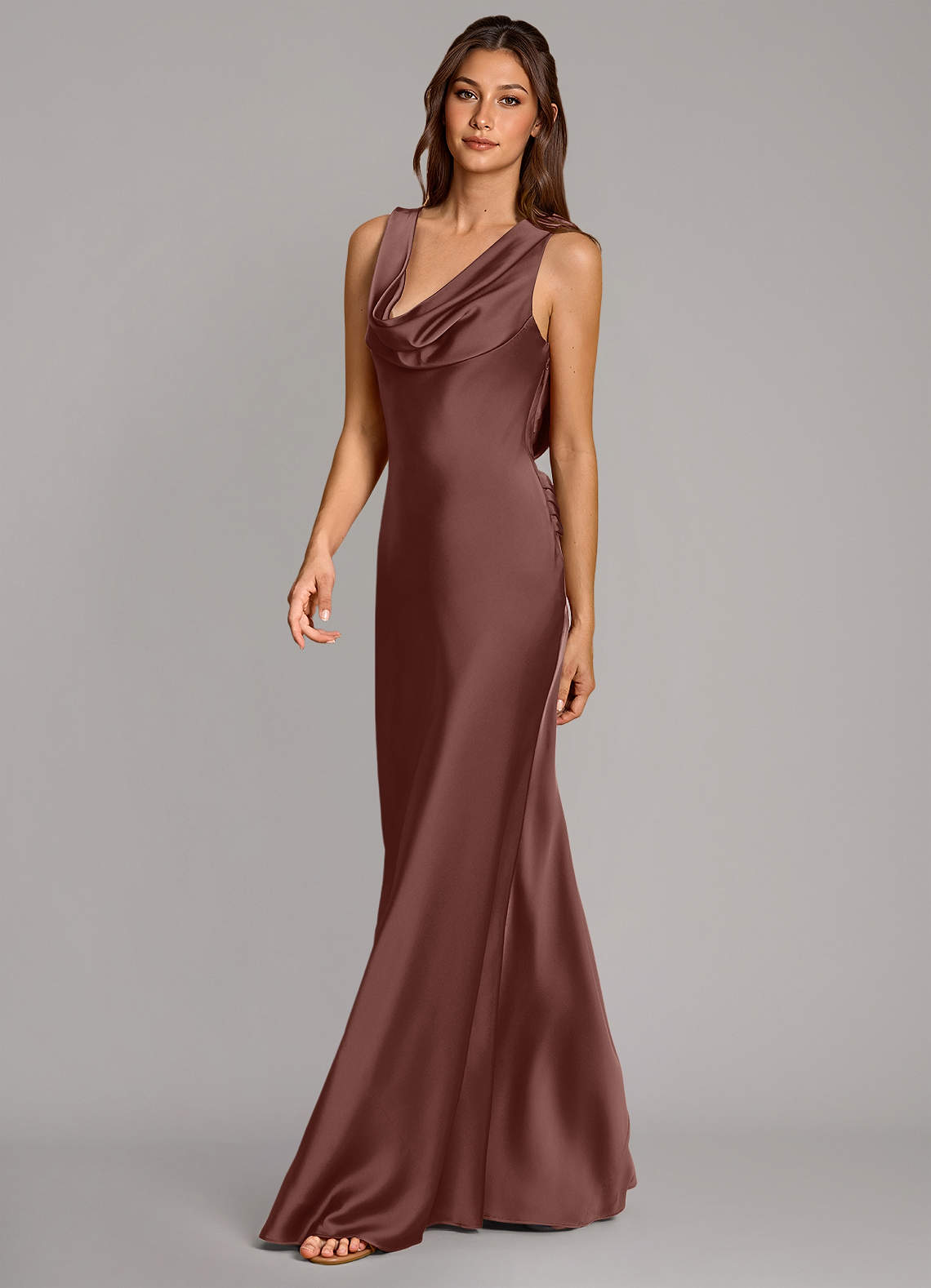 Cheryl Mermaid Cowl-Neck Stretch Satin Bridesmaid Dress in Espresso