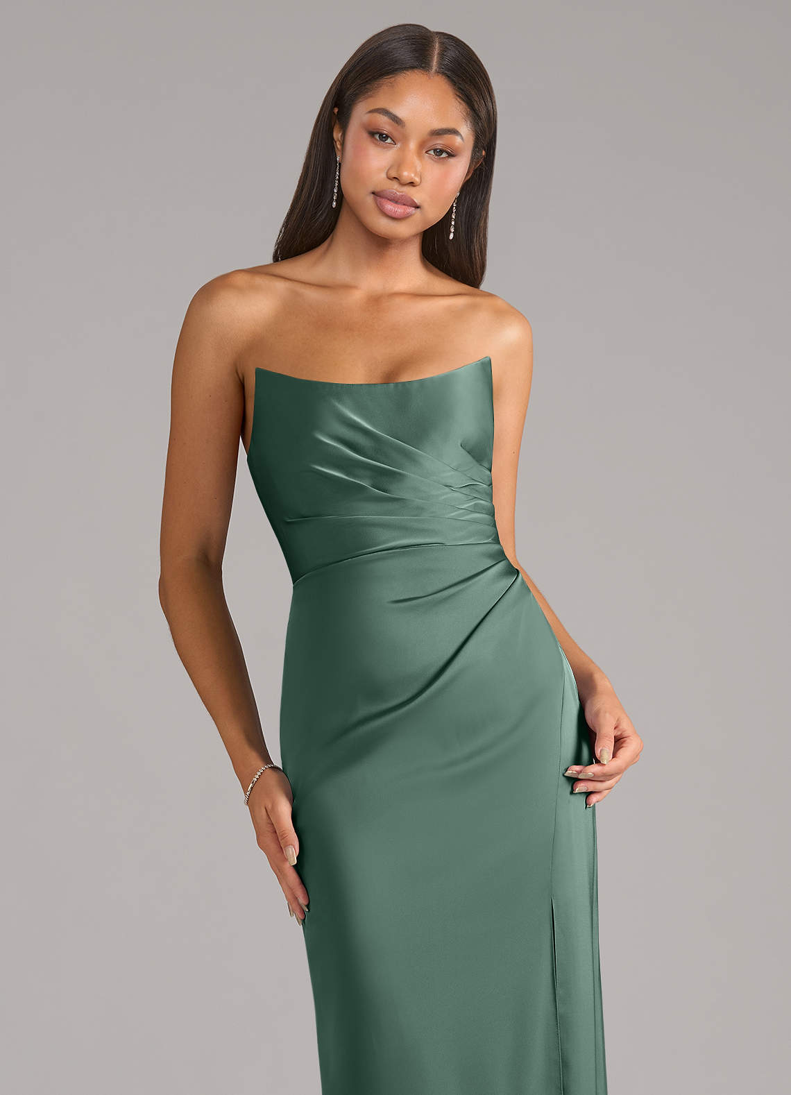 Marla Sheath Strapless Stretch Satin Bridesmaid Dress in Eucalyptus