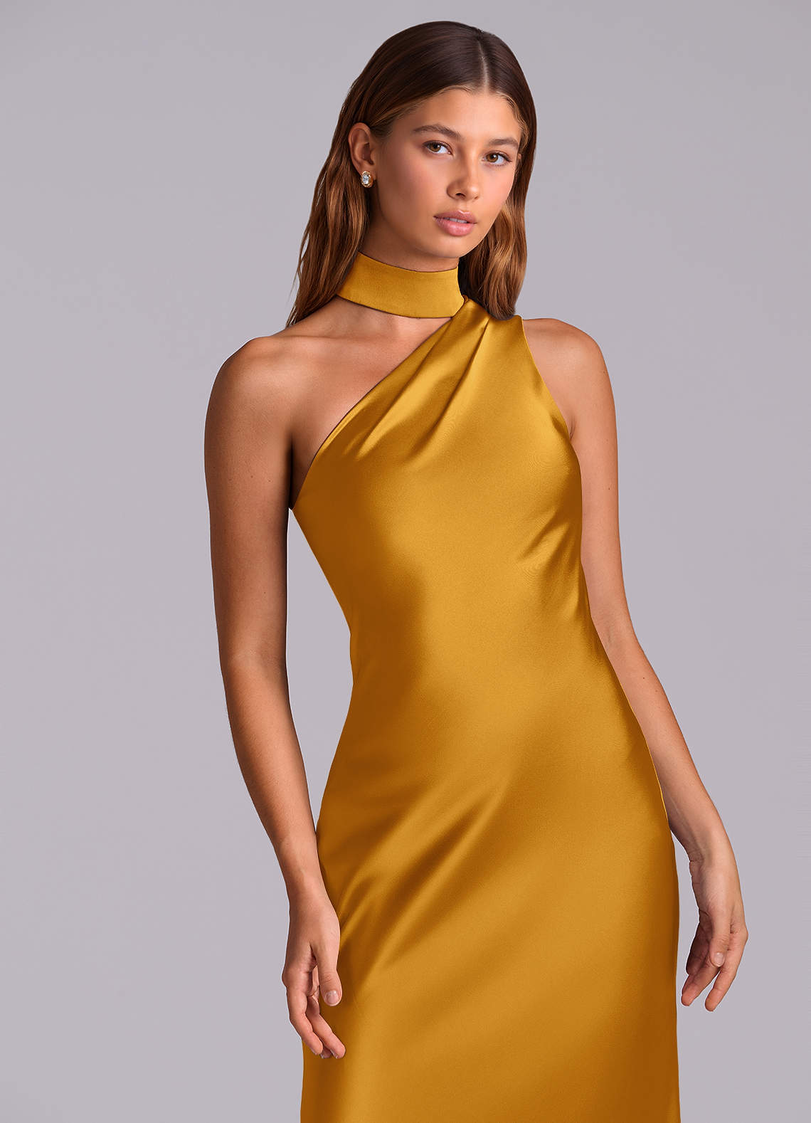 Seona Mermaid One-Shoulder Stretch Satin and Tulle Bridesmaid Dress in butterscotch