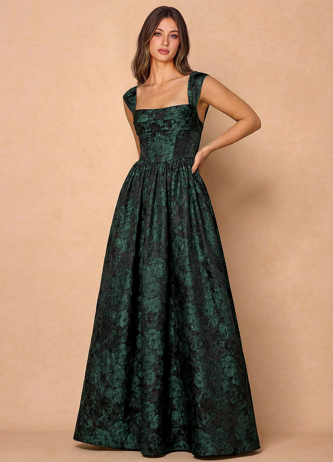 Runa Ball Gown Pleated Jacquard Taffeta Evening Dress in Emerald Black