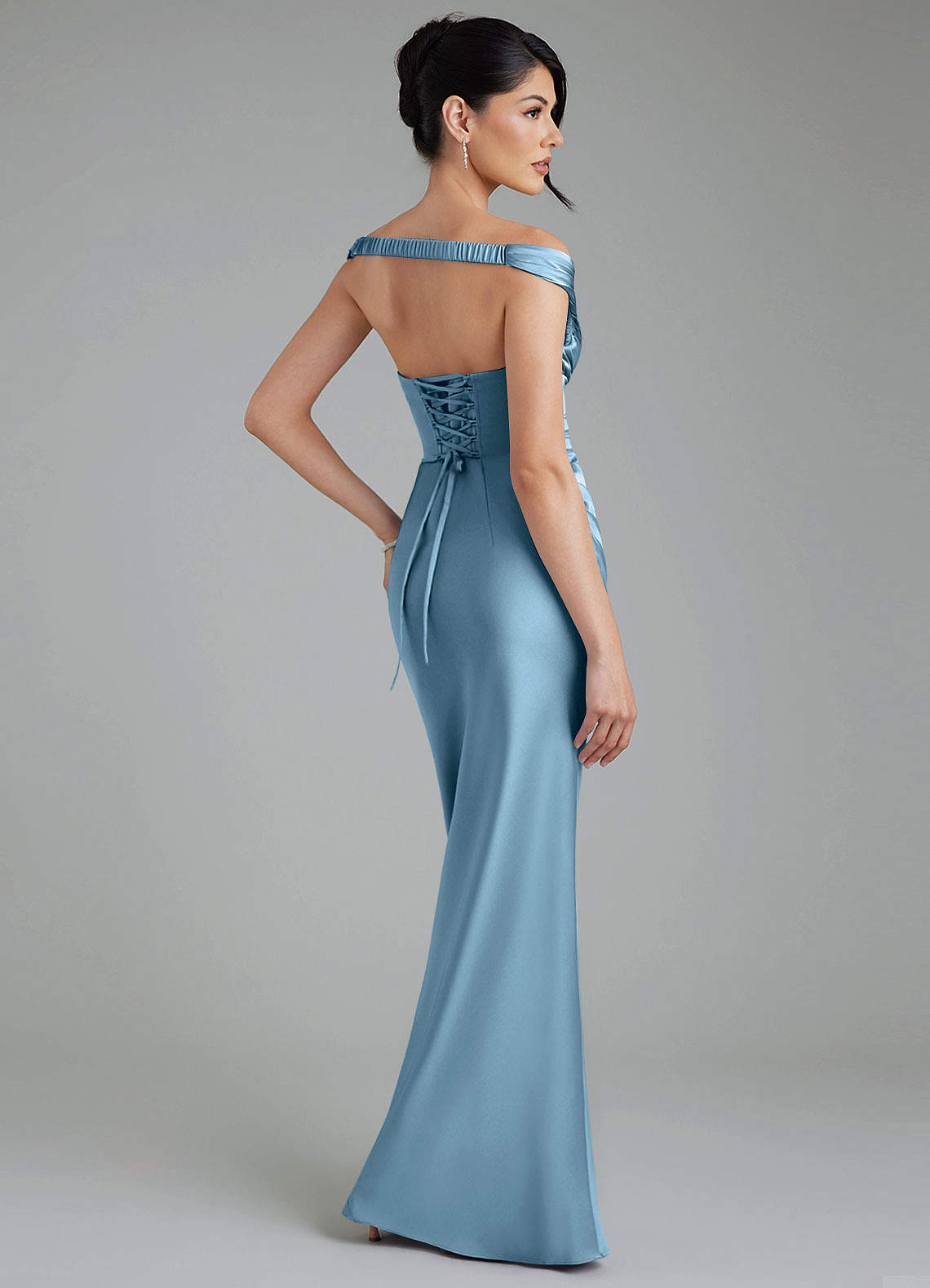 Stella Sheath V-Neck Stretch Satin Bridesmaid Dress in Steel Blue