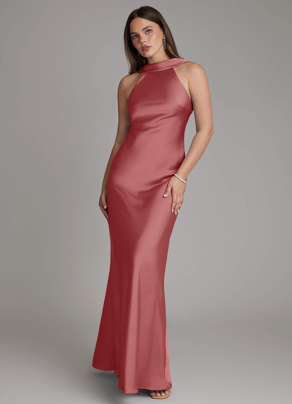 Dimitra Sheath Halter Stretch Satin Bridesmaid Dress in Antique Rose