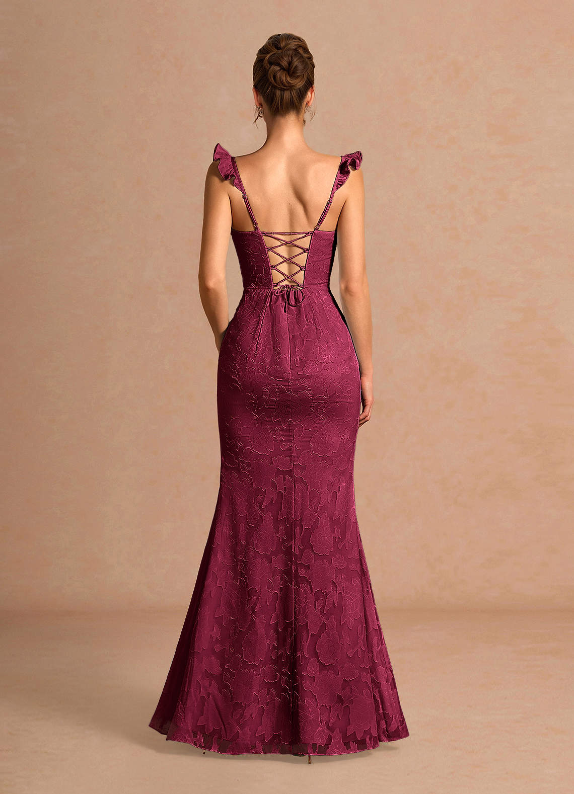 Romilly Mermaid Ruffled Chiffon Burnout Evening Dress in Merlot
