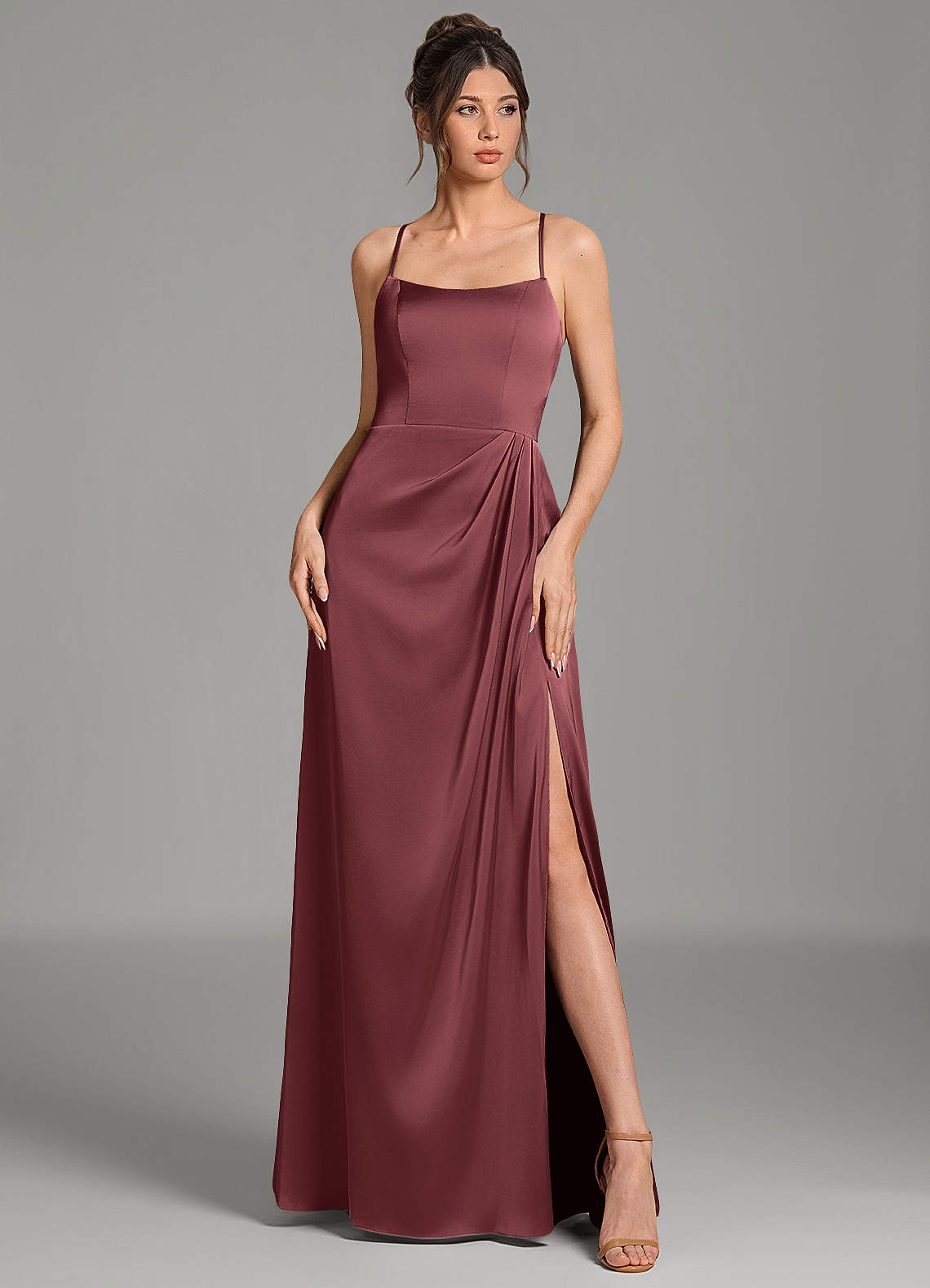 Frankie A-Line Scoop-Neck Stretch Satin Bridesmaid Dress in Merlot
