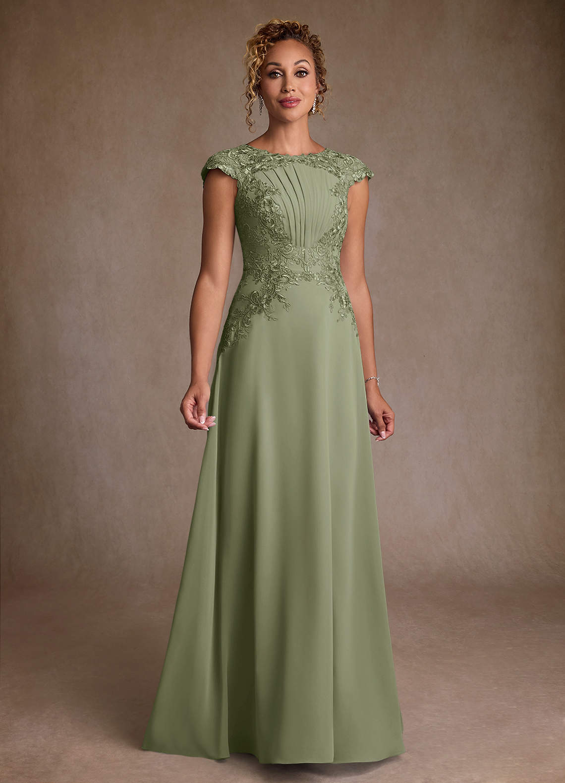 Christi A-Line Scoop-Neck Chiffon and Lace Mother of the Bride Dress in Pistachio