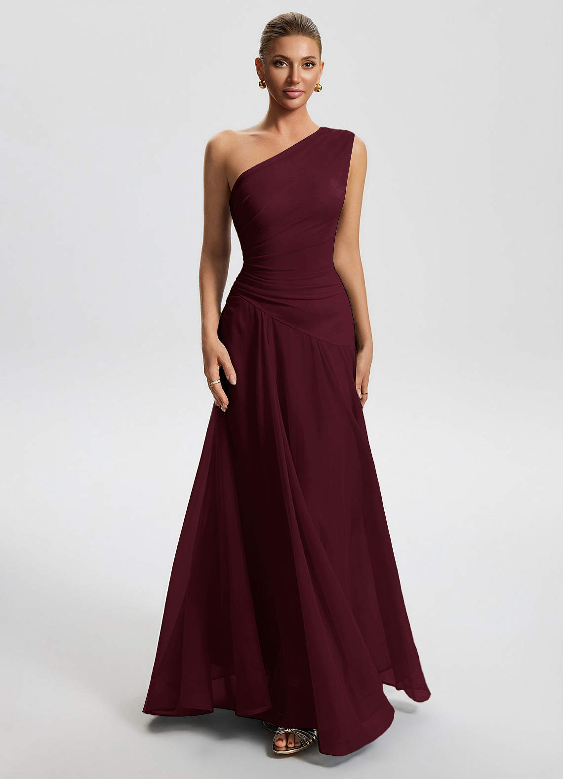 Sylvaine A-Line One-Shoulder Chiffon Wedding Guest Dress in Wine