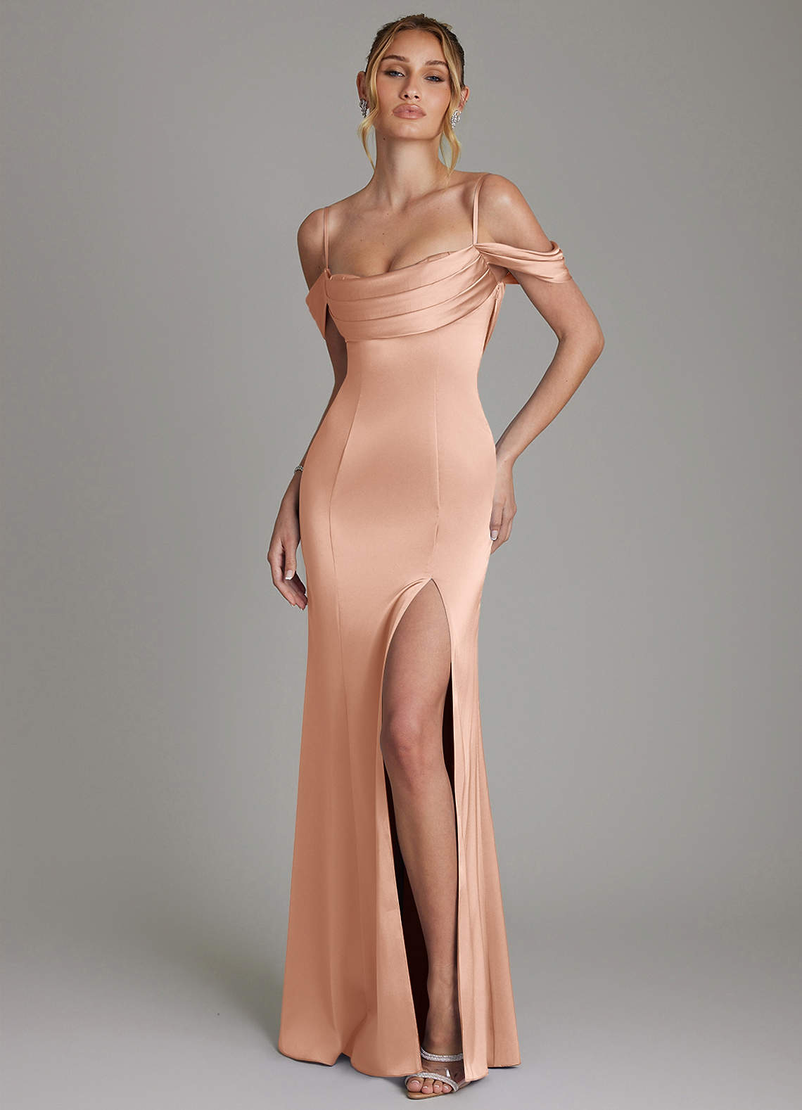 Nira Mermaid Sweetheart Stretch Satin Bridesmaid Dress in rose gold