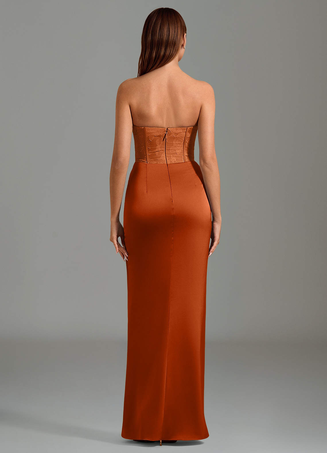 Emilia Mermaid Strapless Stretch Satin and Floral Burnout Bridesmaid Dress in Burnt Orange