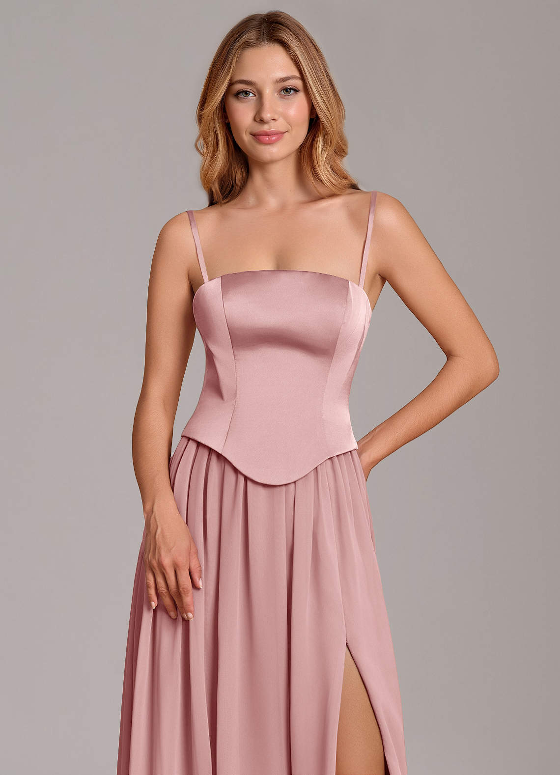Cadence A-Line Strapless Chiffon and Stretch Satin Bridesmaid Dress in dusty rose