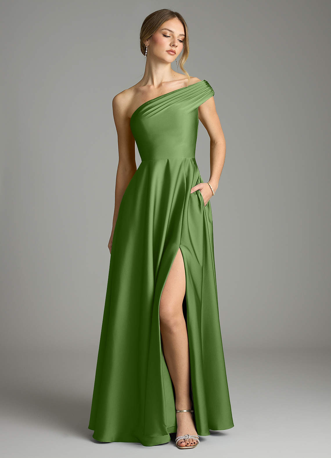 Melanie A-Line One-Shoulder Stretch Satin Bridesmaid Dress in Basil
