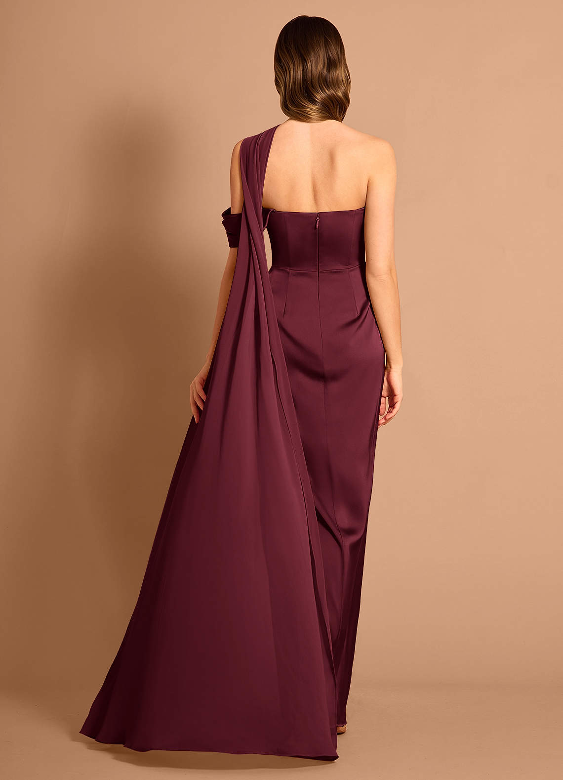 Meliora Asymmetric Strapless Chiffon-Drape Stretch Satin Evening Dress in Wine