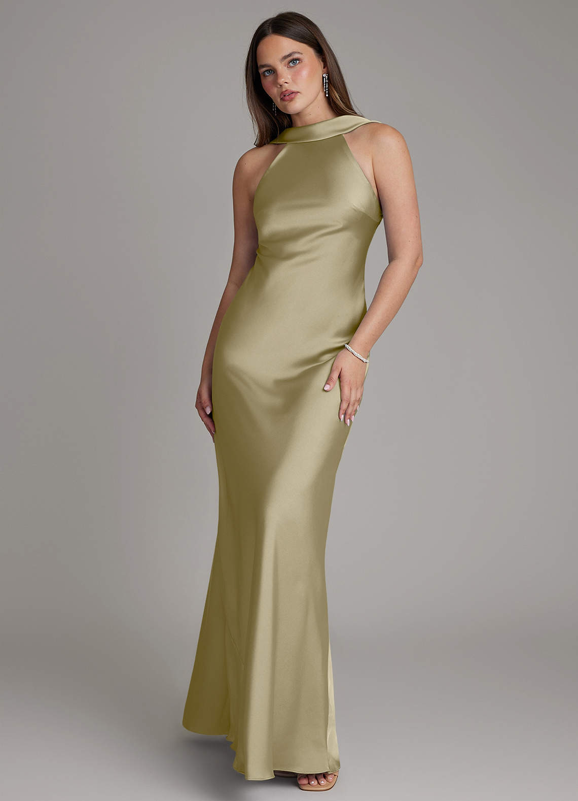 Dimitra Sheath Halter Stretch Satin Bridesmaid Dress in Moss Green