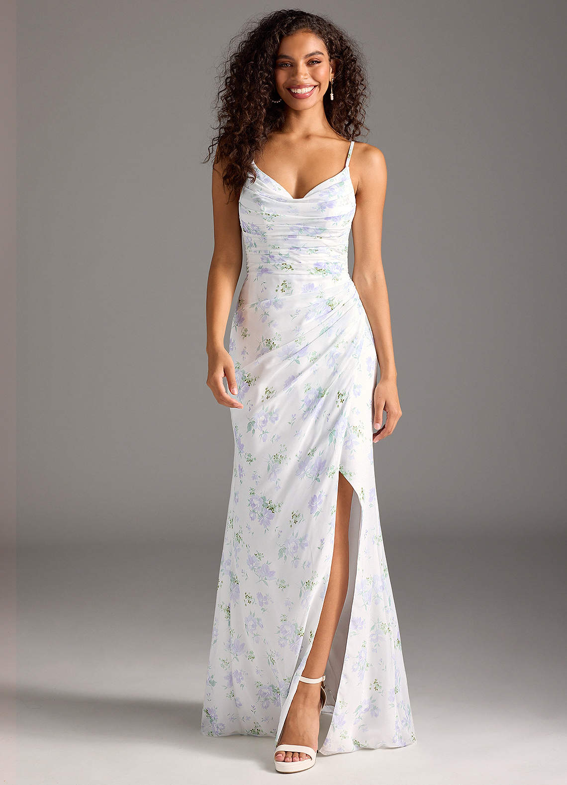 Deandra Mermaid Cowl-Neck Chiffon Bridesmaid Dress in Blue Vintage Floral