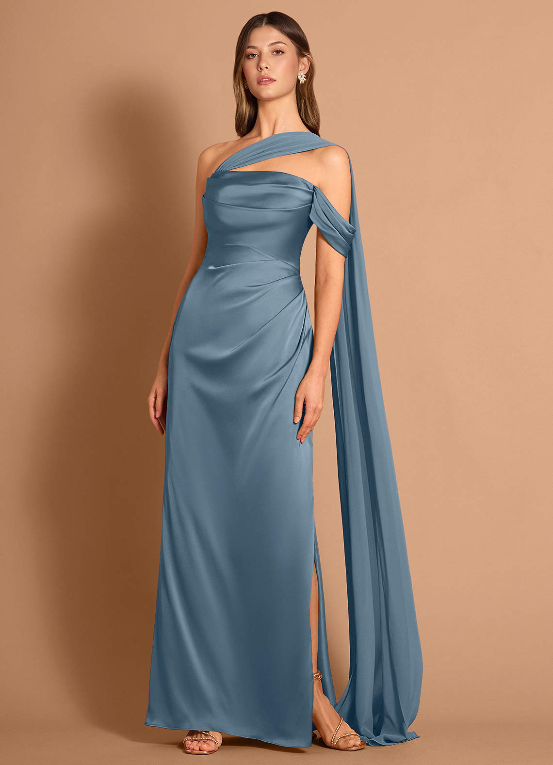 Meliora Asymmetric Strapless Chiffon-Drape Stretch Satin Evening Dress in Haze Pink