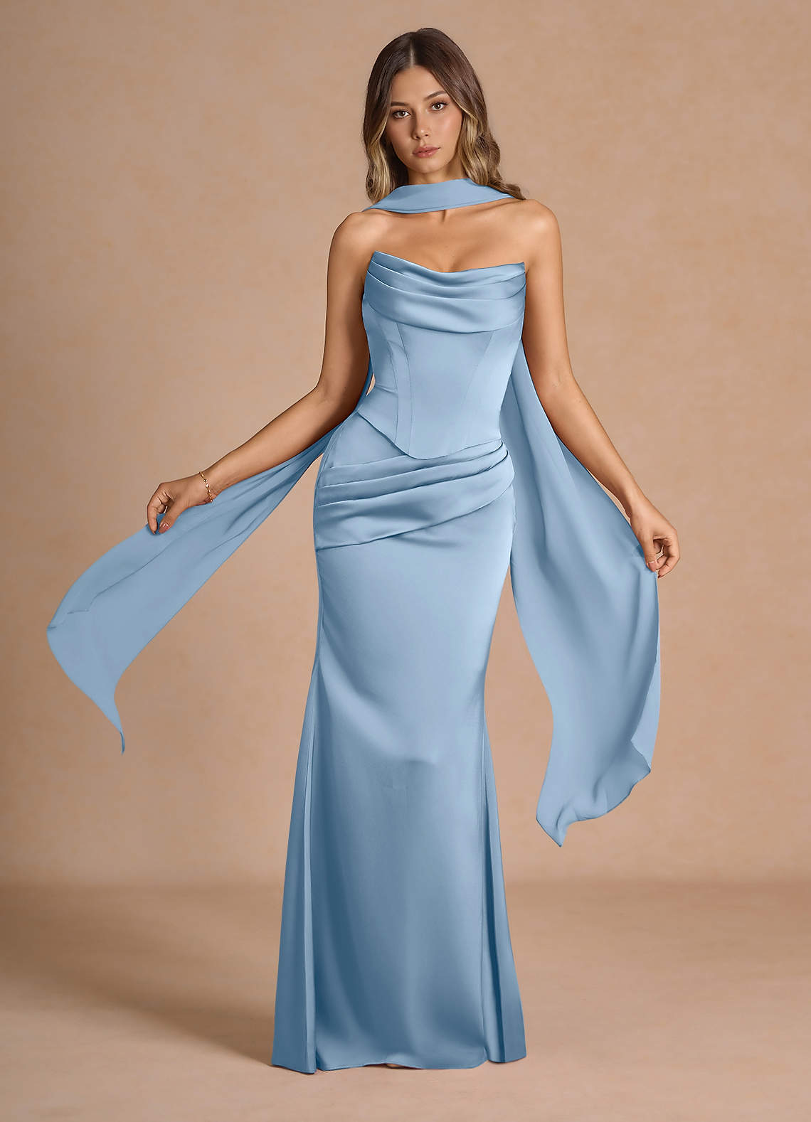 Sorrel Mermaid Corset Stretch Satin Evening Set in Haze Pink