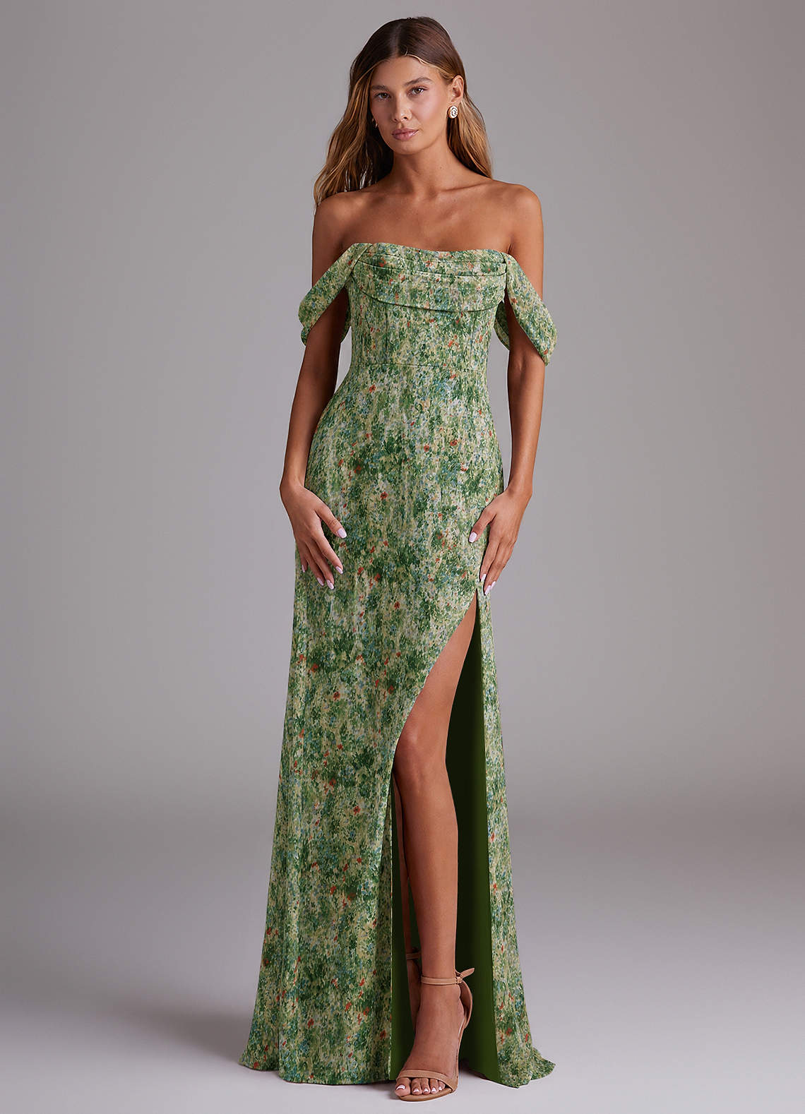 Saige A-Line Off-the-Shoulder Chiffon Bridesmaid Dress in Meadow Bloom