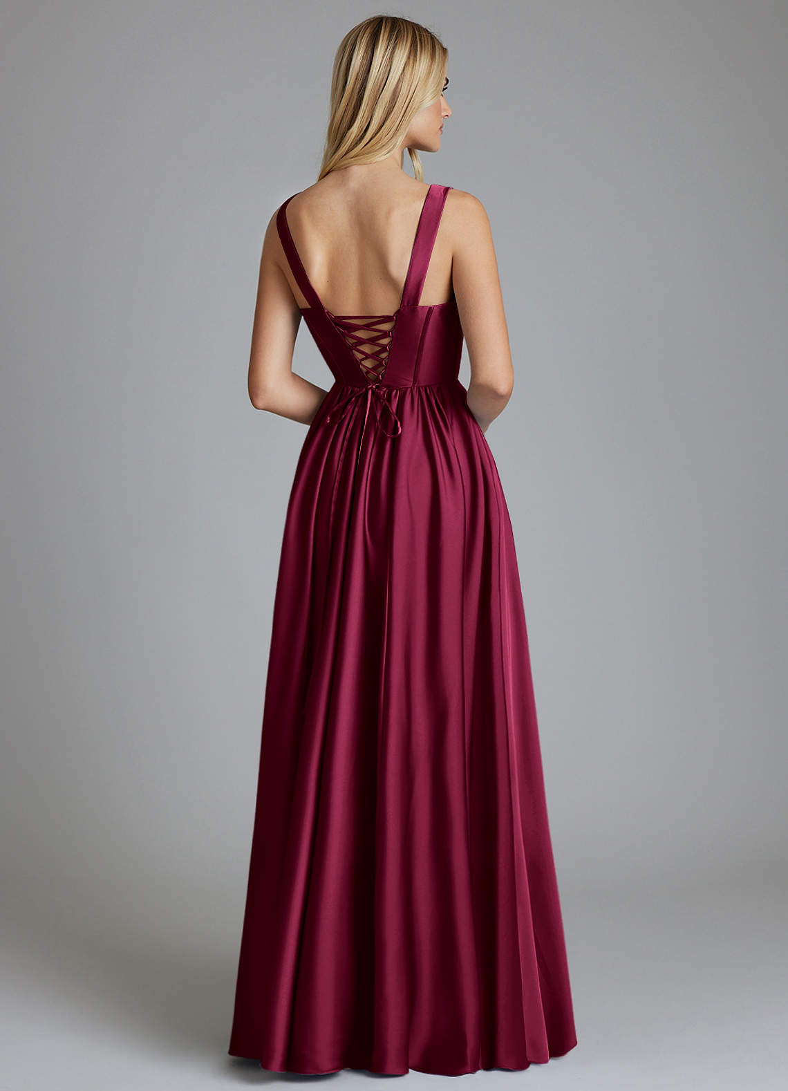 Delmie A-Line V-Neck Stretch Satin Bridesmaid Dress in Burgundy