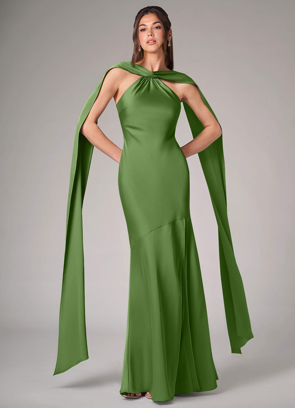 Kinsley Mermaid Halter Stretch Satin Bridesmaid Dress in Basil