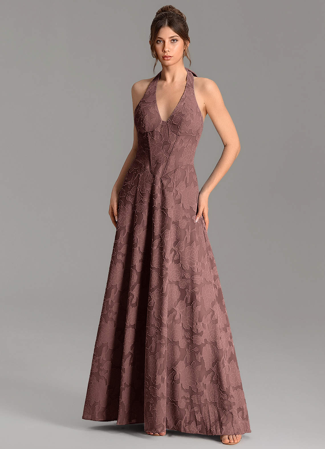 Nia A-Line V-Neck Floral Burnout Bridesmaid Dress in Espresso