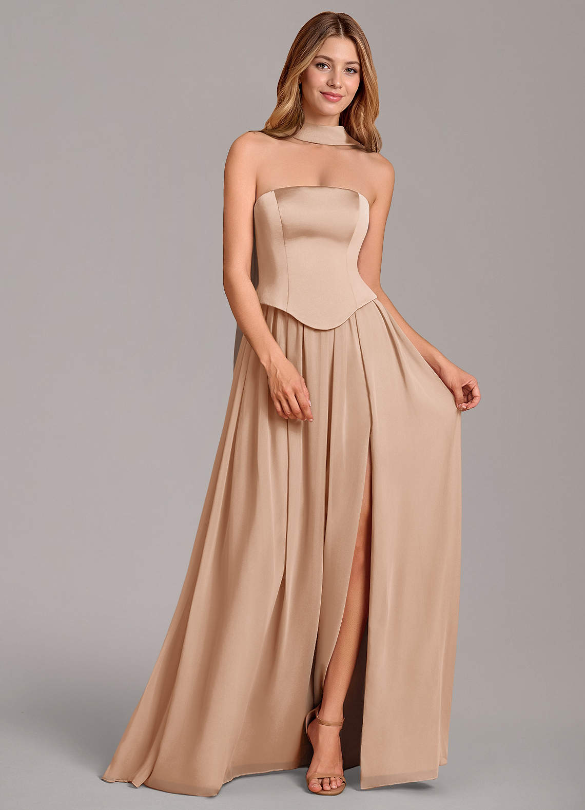 Cadence A-Line Strapless Chiffon and Stretch Satin Bridesmaid Dress in English Rose