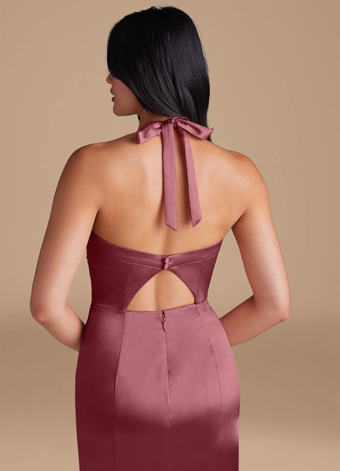 Emeria Sheath Halter Metallic Satin Bridesmaid Dress in Desert Rose