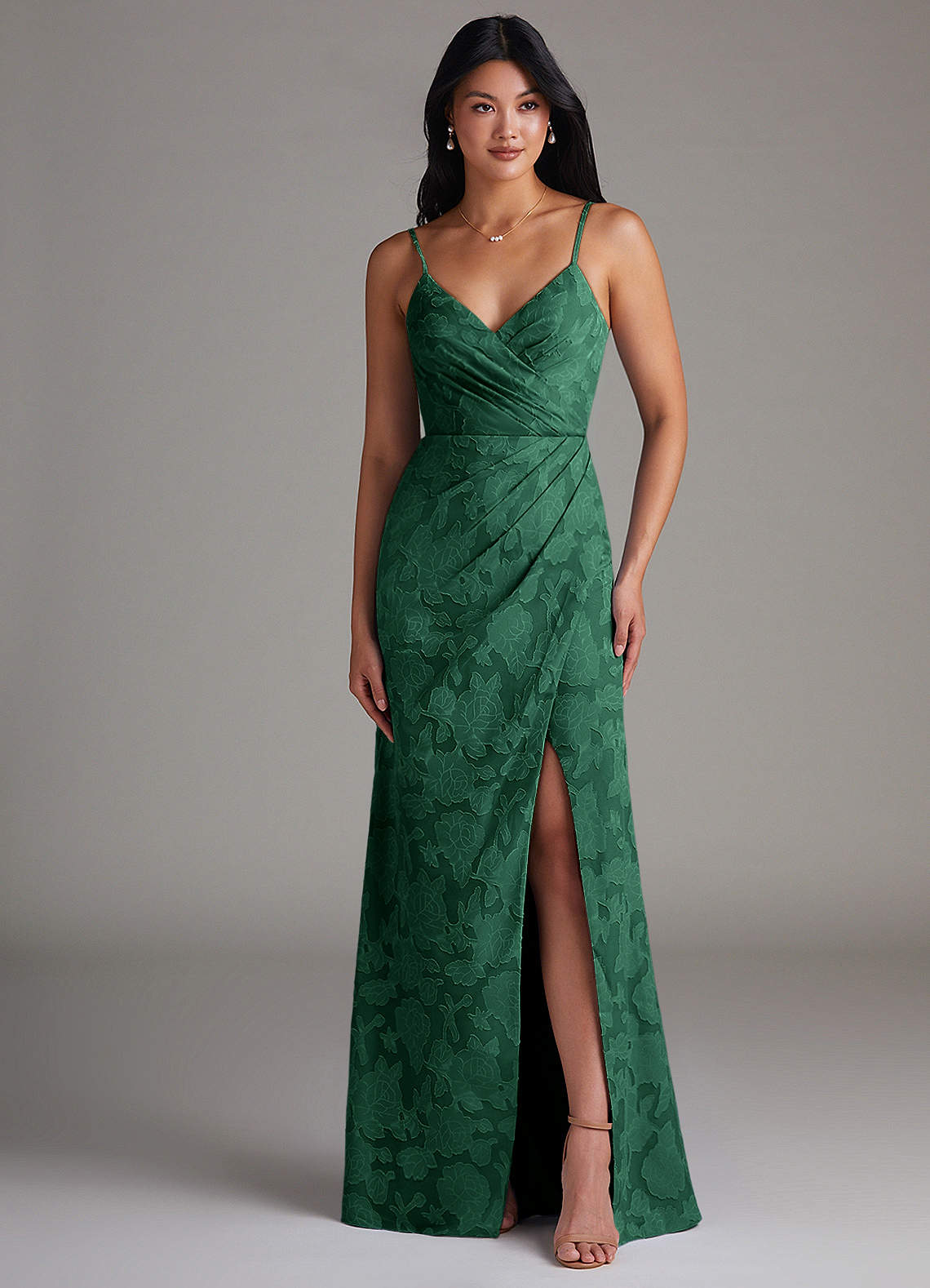 Maci Sheath V-Neck Floral Burnout Bridesmaid Dress in Dark Green