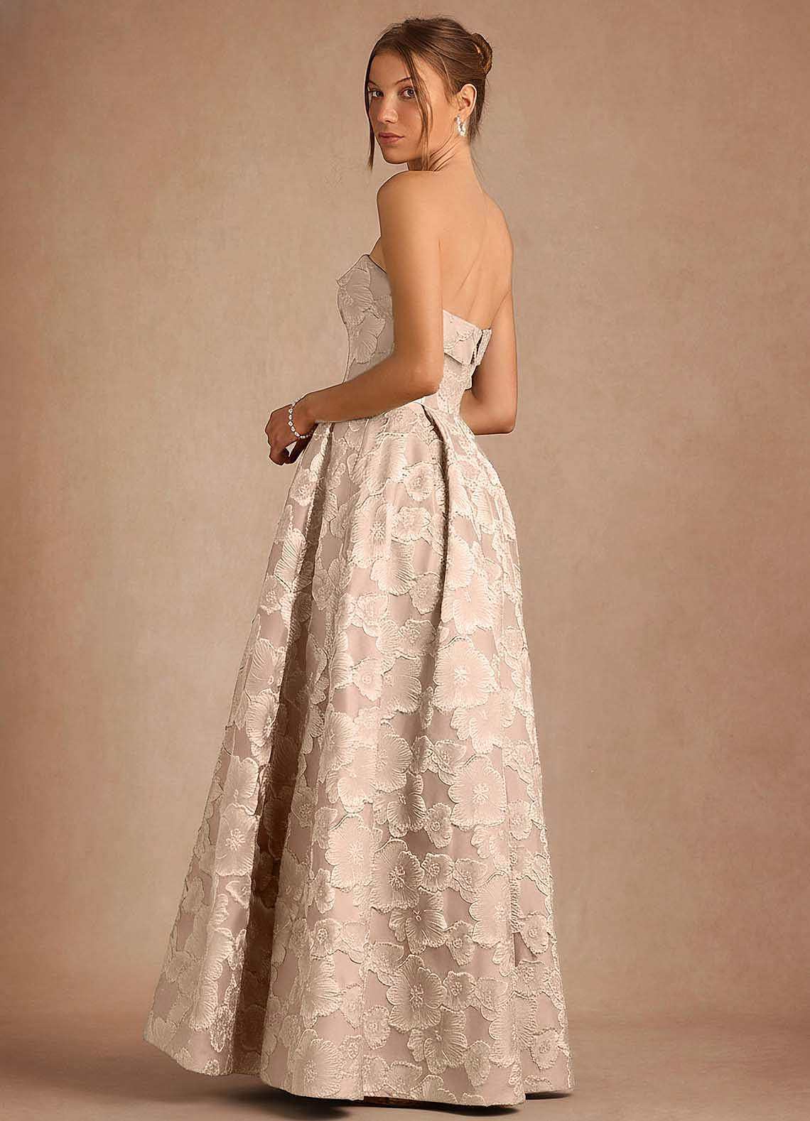 Florentine A-Line Bandeau Jacquard Taffeta Evening Dress in Vintage Blush